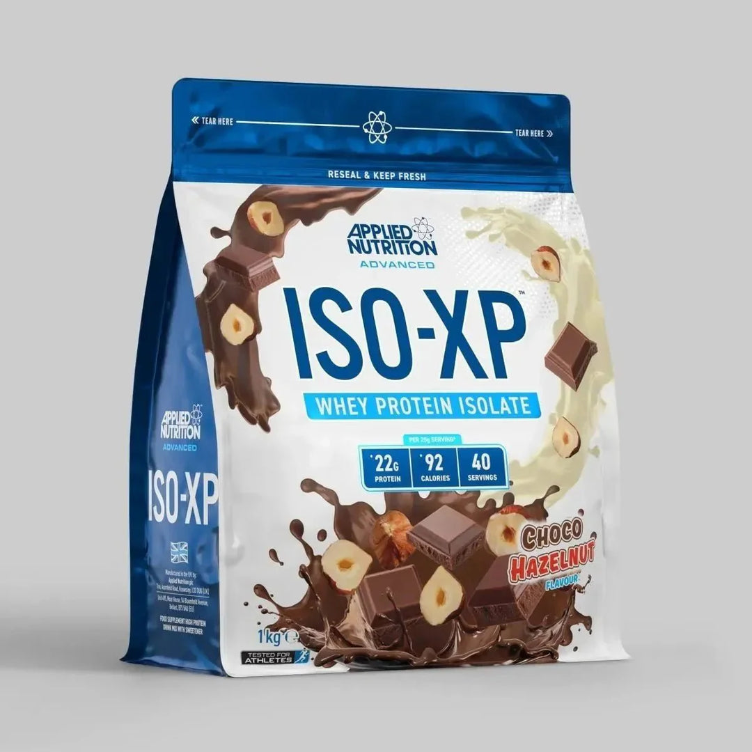 Applied Nutrition ISO-XP Whey Protein Isolate package with chocolate and hazelnut flavor on a gray background
